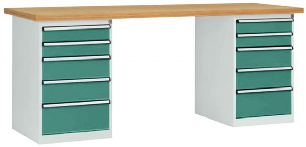 Manuflex Werkbanksystem COMBI, 2 Gehäuse Modell 2 mit massiver Bucheplatte, BxTxH = 2000 x 700 x 840 mm, Graugrün, WC5113.0001
