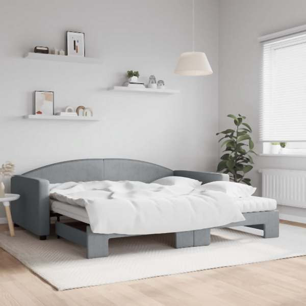 vidaXL Tagesbett Ausziehbar mit Matratze Hellgrau 100x200 cm Stoff, 3197211