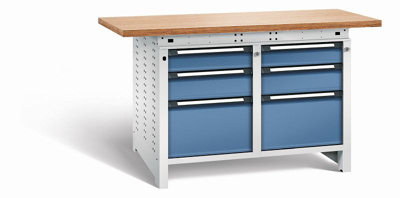 Otto Kind Werkbank Serie function Typ 215, Multiplexplatte 40 mm, überstehend, 2x Unterbau + Zentralverschluss, Gehäuse RAL 7035, Front RAL 5023, 072345264