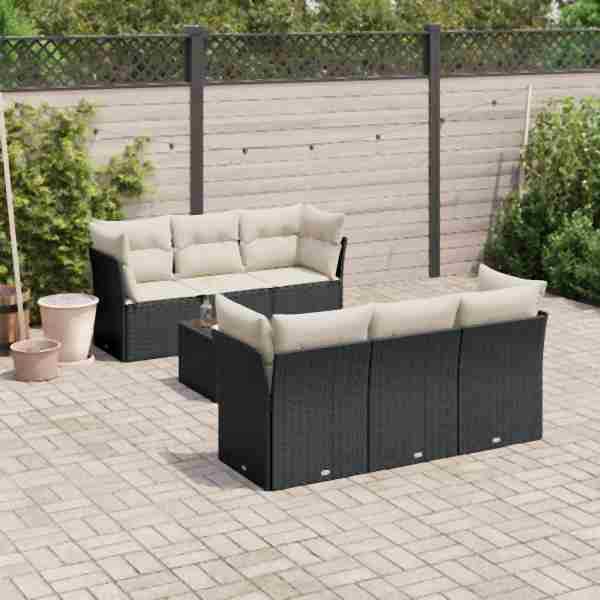 vidaXL 7-tlg. Garten-Sofagarnitur mit Kissen Schwarz Poly Rattan, UV-beständig, 3217256