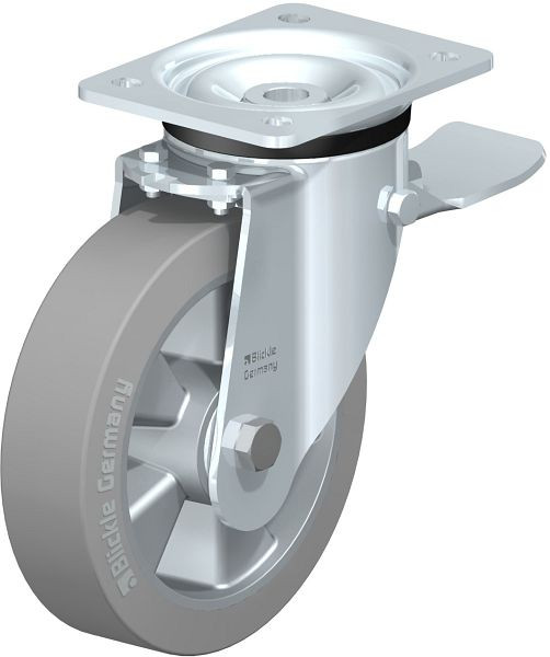 Blickle LK-ALEV 180K-ST-SG Stahlblech-Lenkrolle, schwere Ausführung, mit Anschraubplatte & Feststeller, Elastik-Vollgummi, Grau, 549444