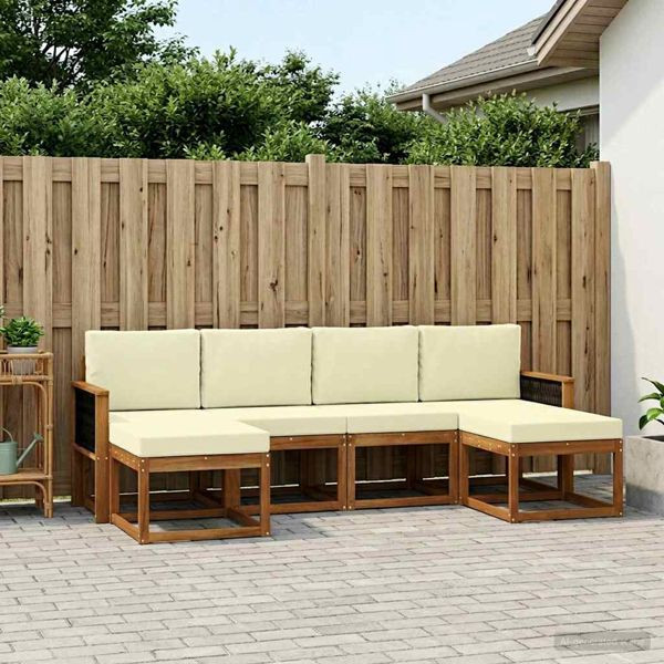 vidaXL Outdoor-Sofagarnitur mit Kissen 6-teilig Natur und Creme Polyester, 3385431