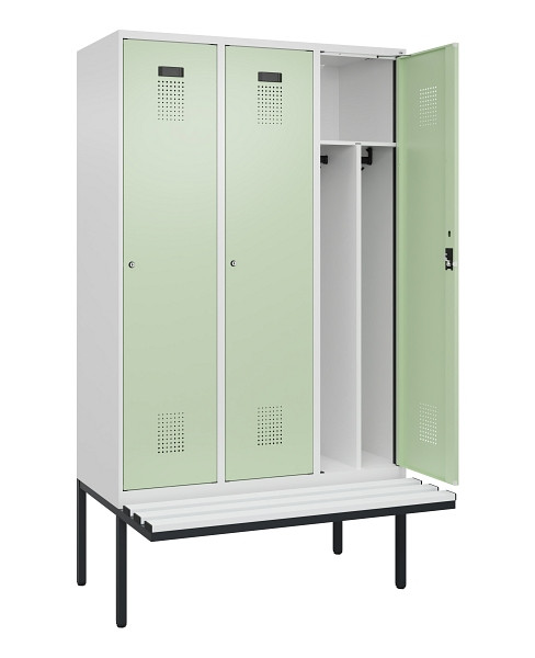 C+P Spind Evolo PLUS, 3 Abteile, 2120x1200x815mm, 9016/6019, Haken 4, Zylinderschloss, Sitzfläche Kunststoff, Trennwand, 0490407-32F S10099