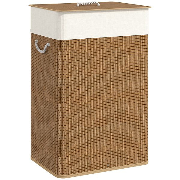 HOMCOM Bambus Wäschekorb mit Deckel 2 Fächer 100 L Wäschesammler mit Seilgriffen, herausnehmbarer Wäschesack, 850-344V00BN