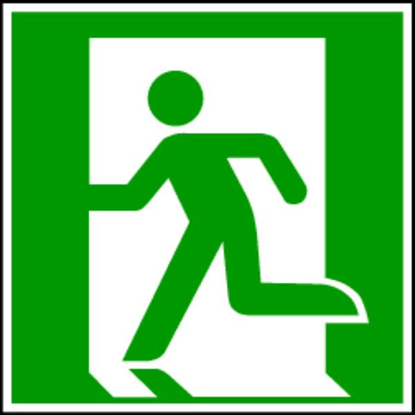 Schilder Klar Rettungszeichen Notausgang links DIN EN ISO 7010, 200x200 mm Folie selbstklebend, langnachleuchtend, 1590/87