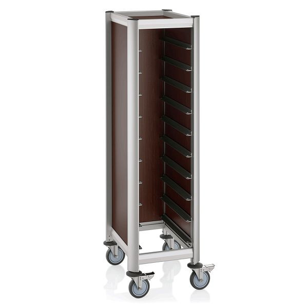 WAS Trolley Mensa Tablettwagen für 10 Tabletts, 60,5 x 44,5 x 165, cm, dunkle Holzoptik, Alu-Profile/MDF, 1955532