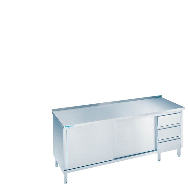 CHROMOnorm Arbeitsschrank mit Schiebetüren und Schubladenblock rechts, Tiefe 600mm, Tischplatte hinten auf, SS0614CS3R0