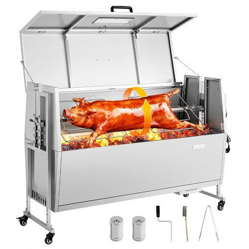 VEVOR Lammgrill 38 W 60 kg 132 cm Drehspieß BBQ für Garten und Terrasse, Feststellbare Räder, mit Faltbarem Deckelschutz Bürsten, QGHLK52INCHQLJDHQ001V2