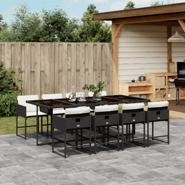 vidaXL 9-tlg. Garten-Essgruppe mit Kissen Schwarz Poly Rattan, 3211278