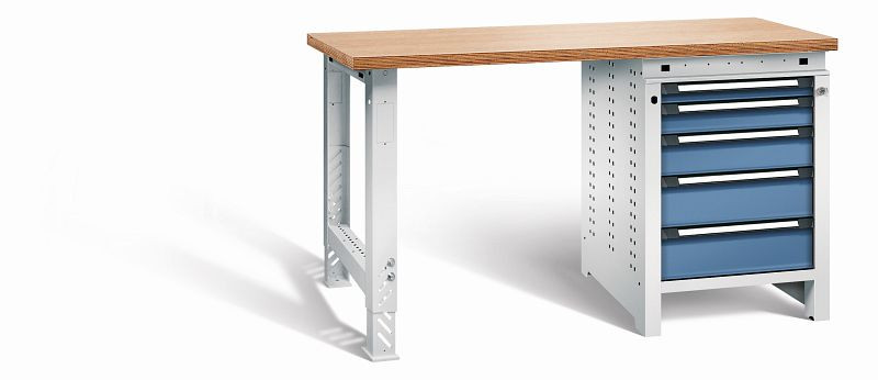 Otto Kind Werkbank function Typ 206, überstehende Multiplex-Arbeitsplatte, 1 Fußgestell, 1 Unterbau, Gehäuse RAL 7035, Front RAL 5023, 072194064