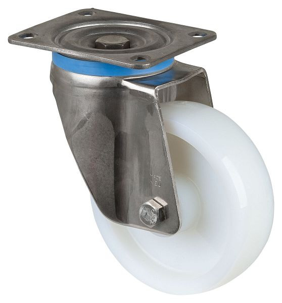 BS Rollen Edelstahl-Schwerlastrolle Lenkrolle, Edelstahl, Kunststoffrad, Gleitlager, Anschraubplatte 150 mm, Tragfähigkeit 700 kg, HS100.A90.150