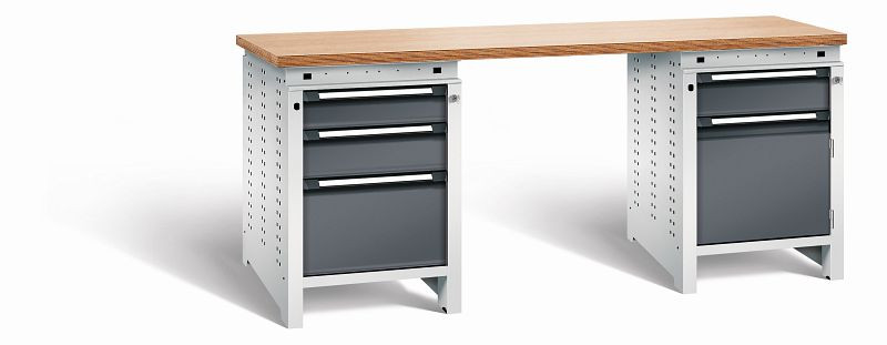 Otto Kind Werkbank Serie function Typ 303, Multiplexplatte 40 mm, bündig, 2x Unterbau + mittleres Feld, Gehäuse RAL 7035, Front RAL 7016, 072358149