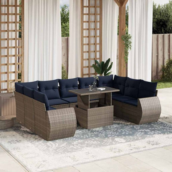 vidaXL 10-teiliges Gartensofa-Set mit Kissen, grau, Polyrattan, 3268741