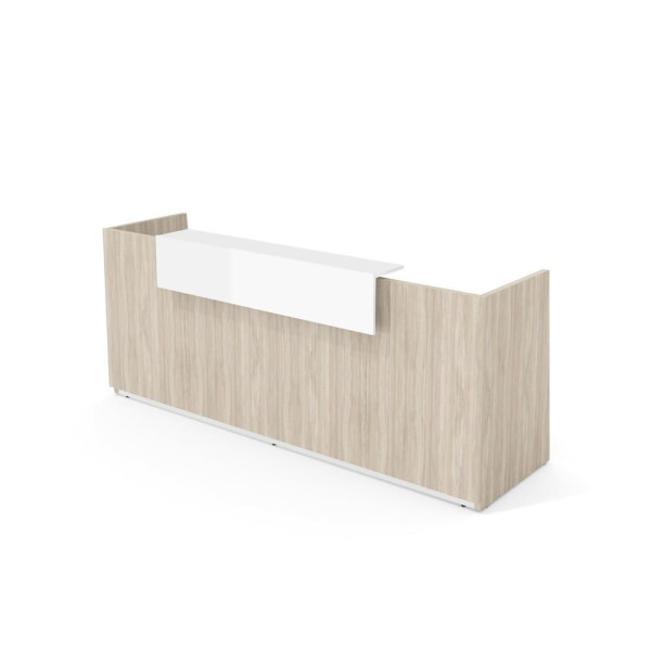 Deskin Theke LIBRA, Eiche gekalkt, Aufsatz weiß glänzend, B 2600 x T 950 x H 1100 mm, 288077
