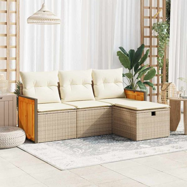 vidaXL 4-tlg. Garten-Sofagarnitur mit Kissen Beige Poly Rattan, 3326006