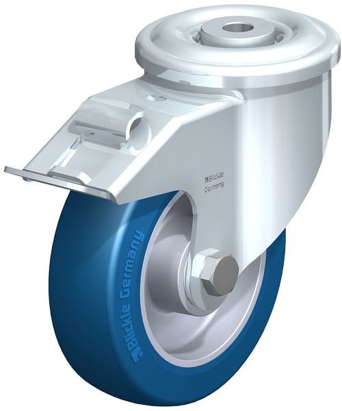 Blickle LKR-ALBS 125K-FI Stahlblech-Lenkrolle, schwere Ausführung, mit Rückenloch & Feststeller, Blickle Besthane® Soft, Blau, 742764