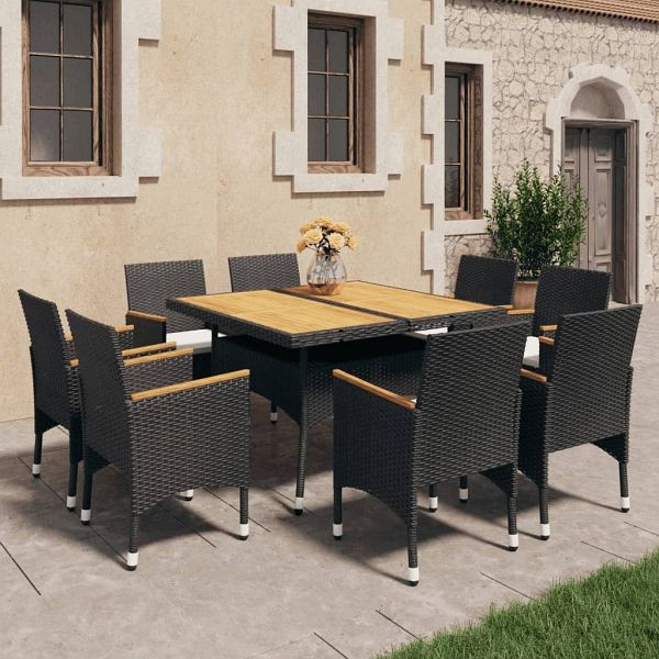 vidaXL 9-teilig Garten-Essgruppe Poly Rattan und Massivholz Schwarz, 3095899