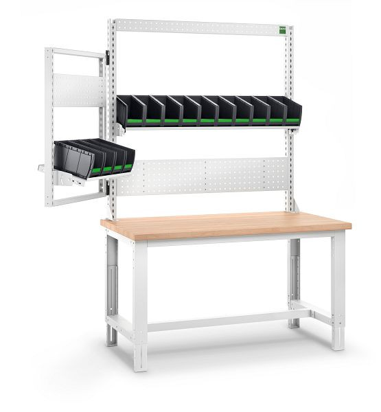 bott cubio Werkbank mit Schwenkrahmen 2 Lochplatten, 14 bottBoxen, Multiplex BxTxH: 2000 x 750 x 740-1140 mm, Multiplex RAL 7035, 41003557.16V