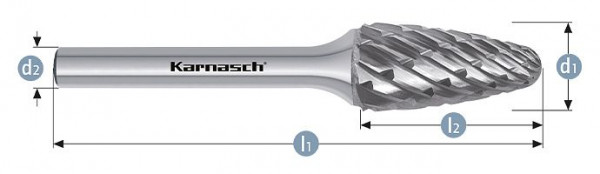 Karnasch Hartmetall-Frässtift unbeschichtet RBF/ HP-8 d1= 8 / l2= 20 / d2= 6 / l1= 65mm, VE: 3 Stück, 114046015
