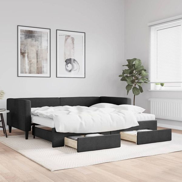 vidaXL Tagesbett Ausziehbar mit Schubladen Schwarz 90x190 cm Stoff, 3196644