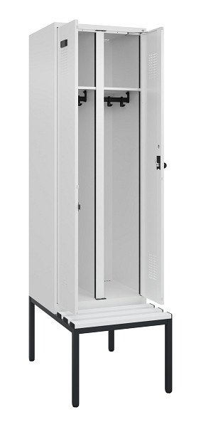 C+P Schwarz-Weiß-Spind Evolo PLUS, Bank, 2 Abteile, 2120x600x815mm, 9016/9016, Drehriegel, Sitzfläche Kunststoff, Sitzbank, 0490527-20 S10074
