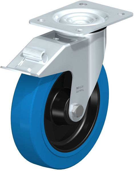 Blickle LE-POEV 200XR-FI-SB Stahlblech-Lenkrolle mit Anschraubplatte & Feststeller, Elastik-Vollgummi, Blau, 850268