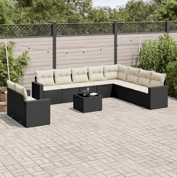 vidaXL 11-tlg. Garten-Sofagarnitur mit Kissen Schwarz Poly Rattan, 3219166