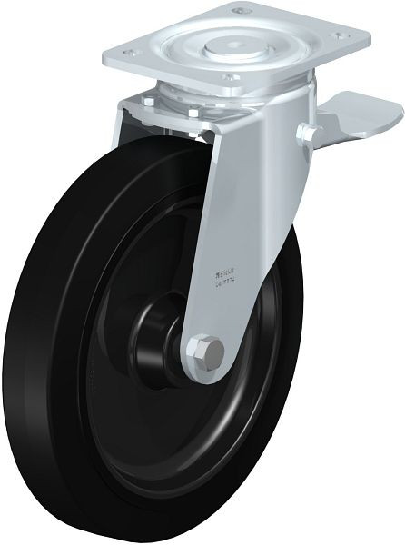 Blickle LH-POEV 250R-ST Stahlblech-Lenkrolle, Schwerlast-Ausführung, mit Anschraubplatte & Feststeller, Elastik-Vollgummi, Schwarz, 51029