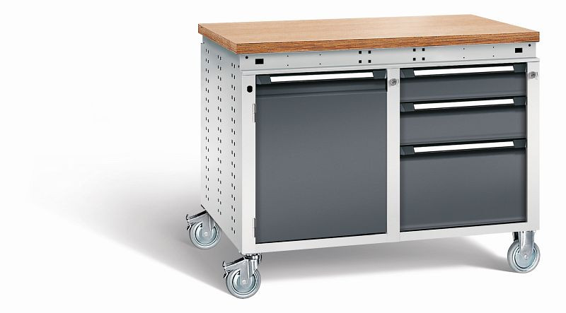 Otto Kind Werkbank Serie function Typ 252 fahrbar, Multiplexplatte 40 mm, bündig, 2x Unterbau, Gehäuse RAL 7035, Front RAL 7016, 072383149
