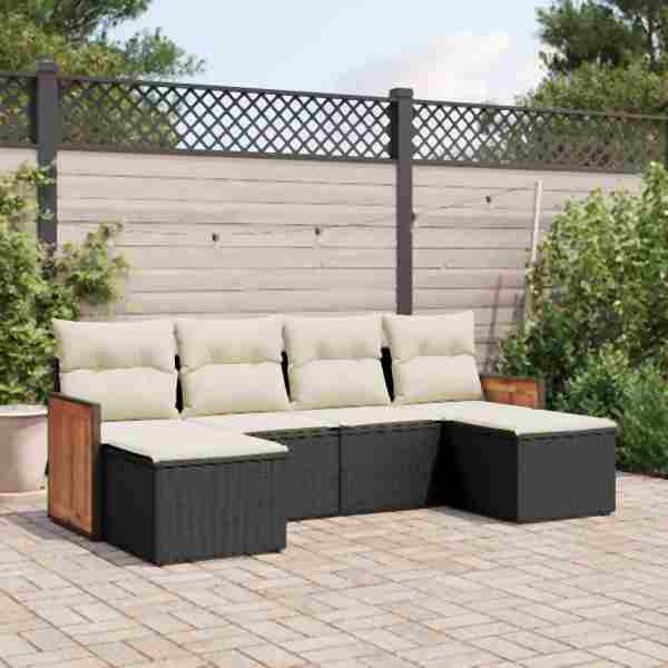 vidaXL 6-tlg. Garten-Sofagarnitur mit Kissen Schwarz Poly Rattan, UV-beständig, 3260299