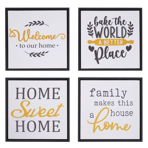 Mendler 4er-Set Wandbild HWC-N96, Wanddekoration Bilderrahmen Sprüche Sweet Home Welcome World Family, Holz Leinwand 30x30cm, 106749