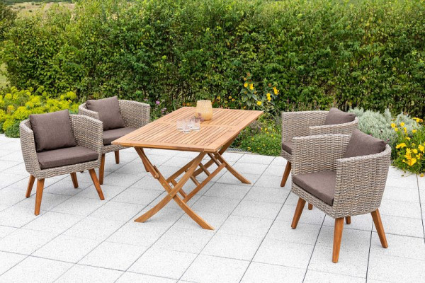 Merxx Imperia Set 5-teilig, 4 Imperia Sessel, inkl. Sitzkissen, 1 Klapptisch 160 x 90 cm, Akazienholz, beige, FSC Akazienholz, 50431-255