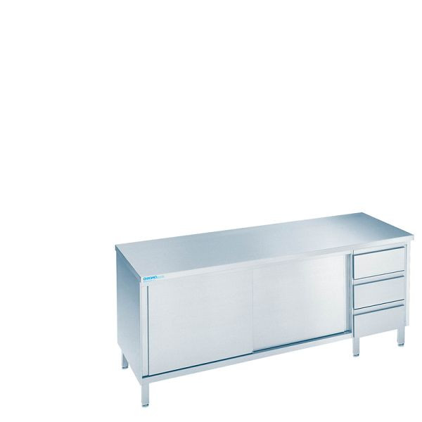 CHROMOnorm Arbeitsschrank mit Schiebetüren und Schubladenblock Rechts, mit Tischplatte Allseits abgekantet - 2400x700x850/900 mm, SS0724AS3R0