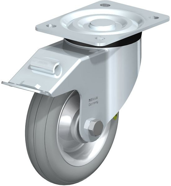Blickle L-VW 162R-FI-SG Stahlblech-Lenkrolle, mittelschwere Ausführung, mit Anschraubplatte & Feststeller, Weichgummi, Grau, 609040