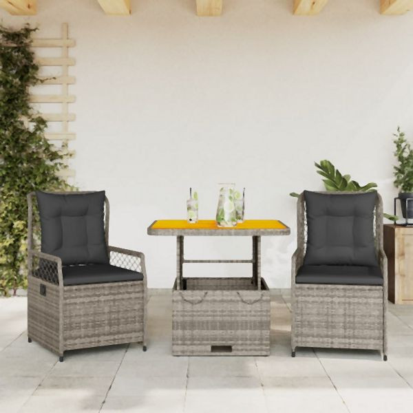 vidaXL 3-tlg. Garten-Essgruppe mit Kissen Grau Poly Rattan, 3262913