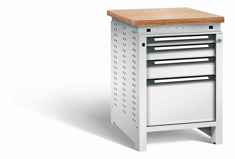 Otto Kind Werkbank Serie function Typ 108, Multiplexplatte, bündig, 4 Schubladen, mit Zentralverschluss, komplett RAL 7035, 072325117