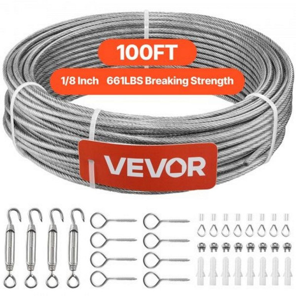 VEVOR Edelstahldrahtseil 3,2 mm x 30,5 m, Edelstahl 304, Bruchlast 2,94 kN, 7x7 Litzen, für Geländer/Gartenspaliere, PSGSS100FTPSG3NAX001V0