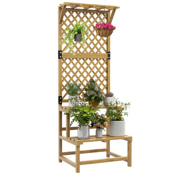 Outsunny Pflanzenständer, Blumenregal, 2 Etagen, mit Spalier & Dach, Tannenholz, 60x50x166 cm, Gelb, 84H-116V00YL
