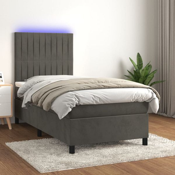 vidaXL Boxspringbett mit Matratze & LED Dunkelgrau 90x200 cm Samt, 3136222