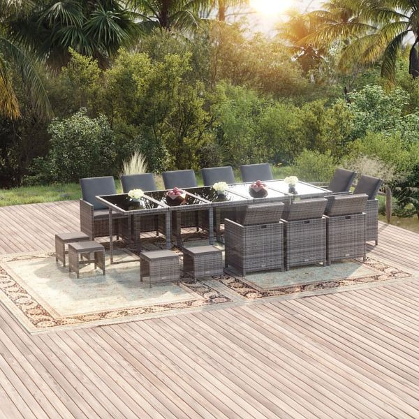 vidaXL 15-tlg. Garten-Essgruppe mit Kissen Poly Rattan Grau, 3095592