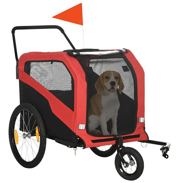 PawHut 2-in-1 Hundeanhänger bis 30kg klappbar und lagerbar Lenker Fußstütze Reflektoren Sicherheitsfahne 170 cm x 77 cm x 90 cm Rot, D00-168V00RD