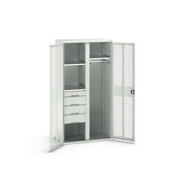 bott verso Garderobenschrank mit Belüftung, mit 3 Fachböden und 4 Schubladen, BxTxH: 1050 x550 x 2000 mm, Lichtgrau / Lichtgrau, 16926776.16