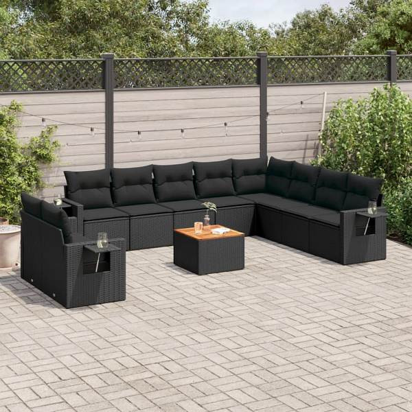 vidaXL 11-tlg. Garten-Sofagarnitur mit Kissen Schwarz Poly Rattan, UV-beständig, 3224634