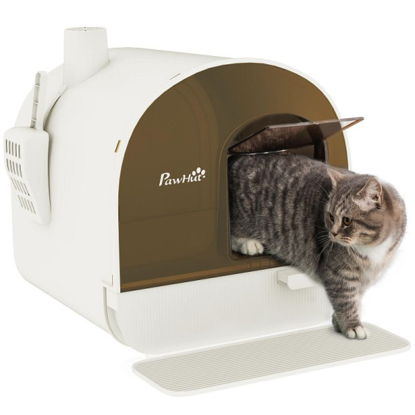 PawHut Katzentoilette mit Deckel, Streuschaufel, Schmutzfangmatte, Kunststoff, Weiß/Schwarz, D31-050V00WT
