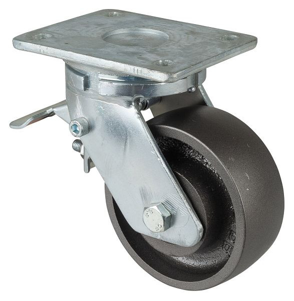 BS Rollen Schwerlastrolle mit Feststeller, Rad-Breite 50 mm, Rad-Ø 125 mm, Tragfähigkeit 550 kg, Lauffläche Guss, Radkörper Guss, Kugellager, RR120.C81.125