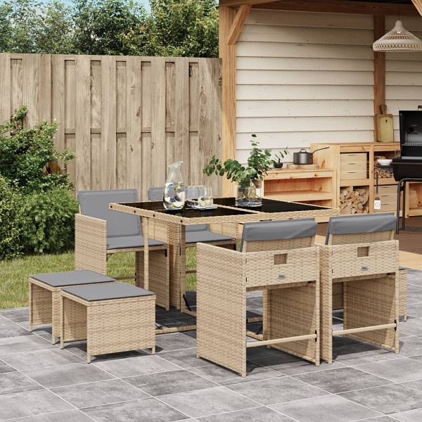 vidaXL 9-teilig Garten-Essgruppe mit Kissen Beigemischung Poly Rattan, 3277907