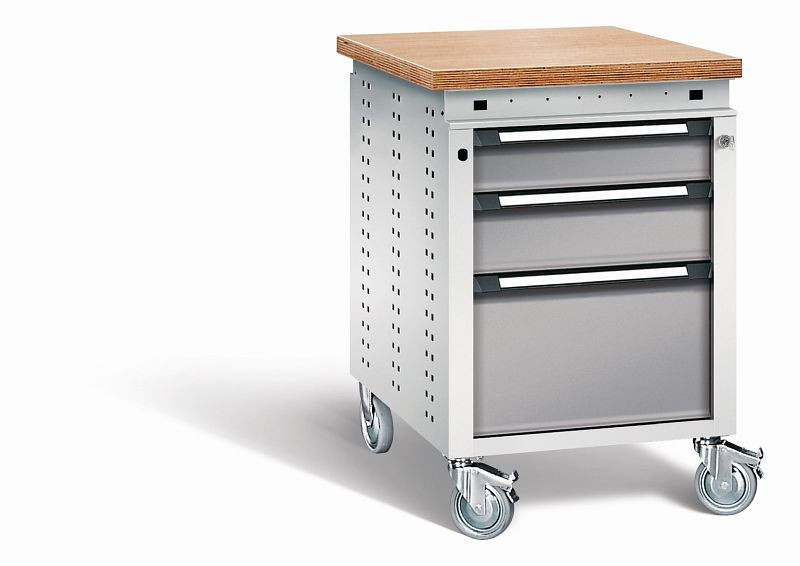 Otto Kind Werkbank Serie function Typ 152 fahrbar, Multiplexplatte, bündig, 3 Schubladen, Zentralverschluss, Gehäuse RAL 7035, Front RAL 7037, 072379167