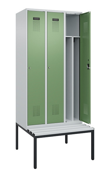 C+P Spind Evolo PLUS, 3 Abteile, 2120x900x815mm, 7035/6011, Haken 4, Zylinderschloss, Sitzfläche Kunststoff, Sitzbank, 0490507-30F S10091