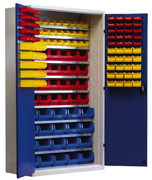 KLW Jumbo-Regalschrank 1950x1108x535mm mit abschließbaren Türen, 7 Fachböden 250mm, 3 Fachböden 300mm, 138 Ordnungskästen, 7FN-PM1950TD-J198XRB