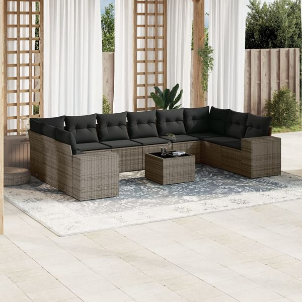 vidaXL 11-teilig Garten-Sofagarnitur mit Kissen Grau Poly Rattan, 3255417